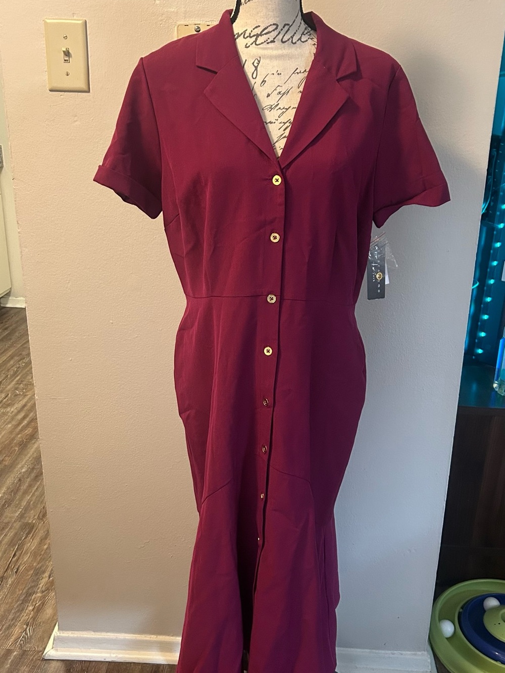 Classic Short-Sleeve Button-Front Burgundy Dress